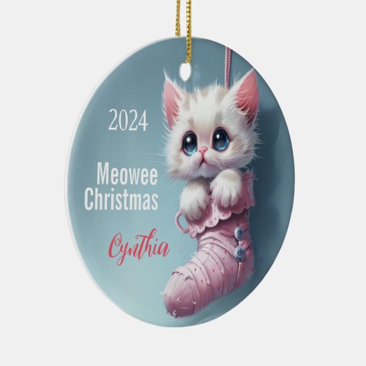 Witte kitten roze kous gepersonaliseerd Ornament (Rechts)