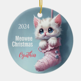 Witte kitten roze kous gepersonaliseerd Ornament