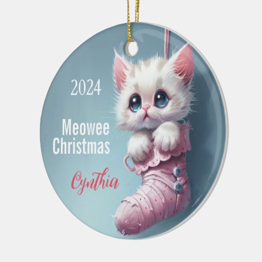 Witte kitten roze kous gepersonaliseerd Ornament (Links)