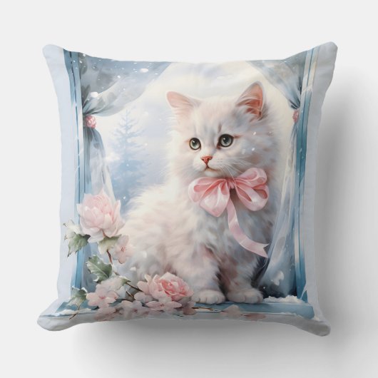 Witte kitten roze strik kussen (Voorkant)