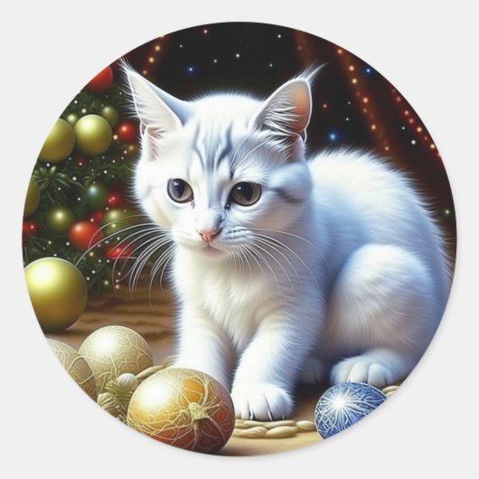 Witte Kitten Spelen met Gouden Kerstmis Ornamenten Ronde Sticker (Voorkant)