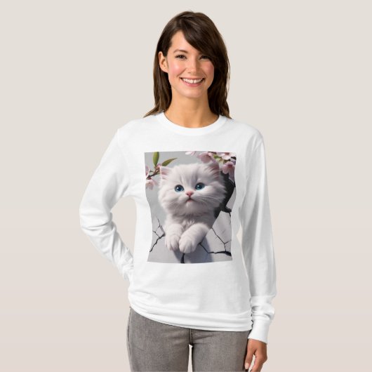 Witte kitten tussen de kersenbloesems t-shirt (Voorkant volledig)