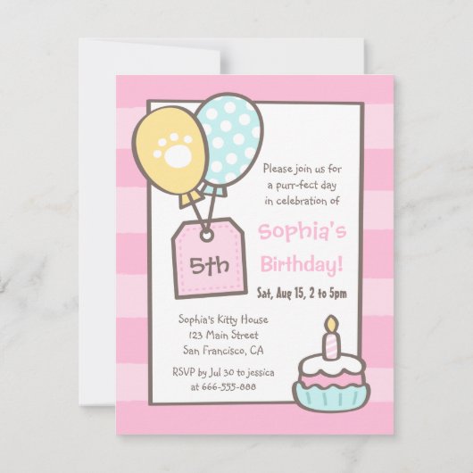 Witte Kitty Kat Meisjes Verjaardagsfeestuitnodigin Kaart (Achterkant)