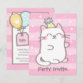 Witte Kitty Kat Meisjes Verjaardagsfeestuitnodigin Kaart (Voorkant / Achterkant)