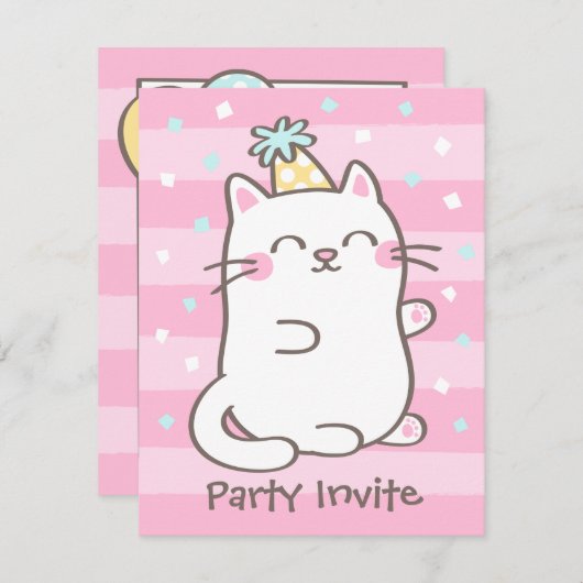 Witte Kitty Kat Meisjes Verjaardagsfeestuitnodigin Kaart (Voorkant / Achterkant)