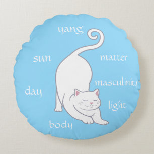 Witte Kitty Kat Yoga & Bewerkbare Tekst op Turquoi Rond Kussen