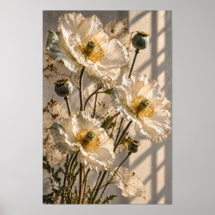 Witte klaproosbloemen en zaaddozen botanische wand poster