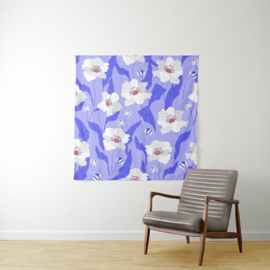 Witte klaprozen: handgetekende Paarse naadloos Wandkleed (In situ)