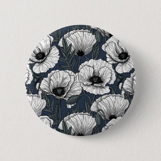 Witte klaprozen op marineblauw ronde button 5,7 cm (Voorkant)