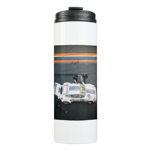 Witte klassieke raceauto thermosbeker (Voorkant)