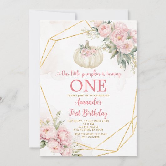 Witte Kleine Pompoen Roze Bloemen Goud 1e Verjaard Kaart (Voorkant)