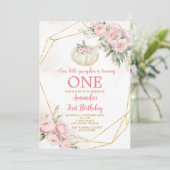 Witte Kleine Pompoen Roze Bloemen Goud 1e Verjaard Kaart (Staand voorkant)