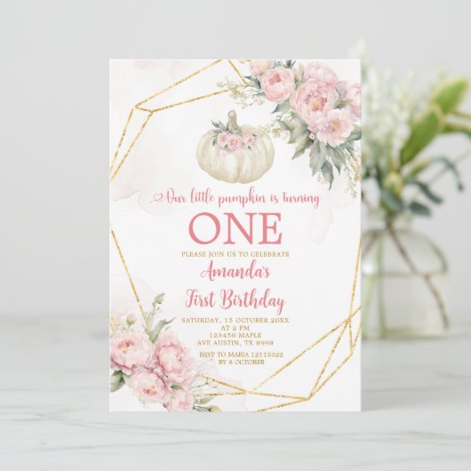 Witte Kleine Pompoen Roze Bloemen Goud 1e Verjaard Kaart (Staand voorkant)