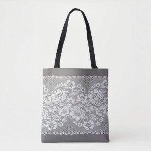 Witte kleurenrechte strook van kant op grijs tote bag
