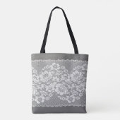 Witte kleurenrechte strook van kant op grijs tote bag (Achterkant)
