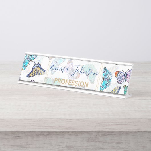 Witte kleurige Waterverf Butterflies Bureau Naambordje (Voorkant)