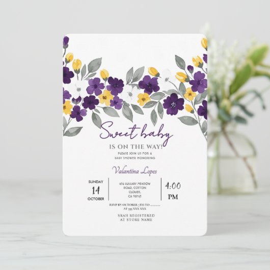 Witte kleurrijke bloem Baby shower uitnodiging (Staand voorkant)