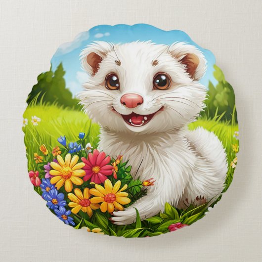 Witte Knuffel Frettige Bal Dekoratie Rond Kussen (Voorkant)