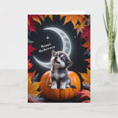 Witte knuffelwolf met halvemaan nachtautumnus kaart (Voorkant)