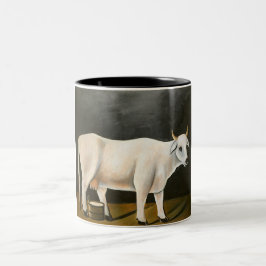 Witte koe op een zwarte achtergrond (boerderijdier tweekleurige koffiemok