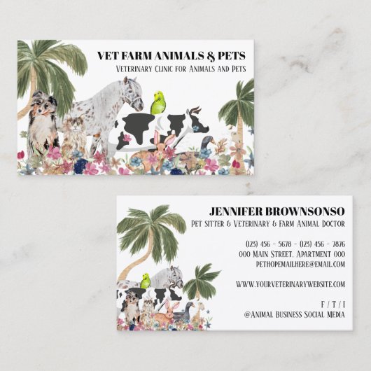 Witte Koe Sheep Dog Cat Bird Rabbit Duck Palm Visitekaartje (Voorkant / Achterkant)
