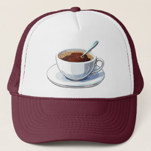 Witte koffiekop op een schoteltje gevuld met koffi trucker pet