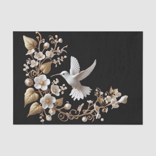 Witte Kolibrie op Zwarte Decoupage Tissuepapier (Voorkant)