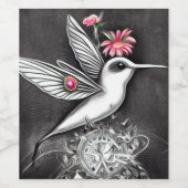 Witte Kolibrie & Roze Bloemen Wijn Etiket (Enkel label)