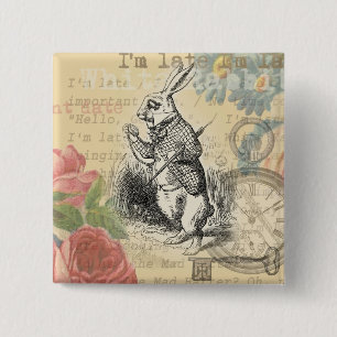 Witte Konijn Alice Avonturen Wonderland Kunst Vierkante Button 5,1 Cm