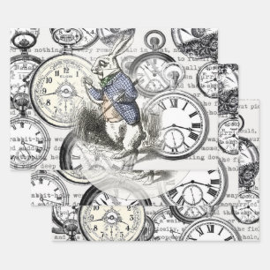 Witte Konijn Alice Wonderland Klokken Kunst Inpakpapier Vel