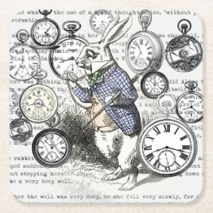 Witte Konijn Alice Wonderland Klokken Kunst Kartonnen Onderzetters