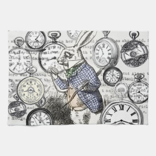 Witte Konijn Alice Wonderland Klokken Kunst Theedoek
