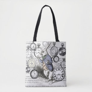 Witte Konijn Alice Wonderland Klokken Kunst Tote Bag