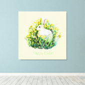 Witte konijn en bloemen, gelukkig Pasen Canvas Afdruk (Insitu (Houten vloer))