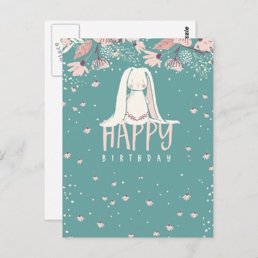 Witte konijn en bloemen | Gelukkige verjaardag Briefkaart (Voorkant / Achterkant)