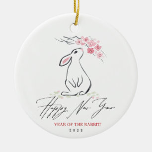 Witte konijn en Cherry Blossom Flower Keramisch Ornament