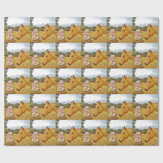 Witte konijn en Gele Paarden Cadeaupapier (Vlak)