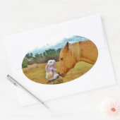 Witte konijn en Gele Paarden Ovale Sticker (Envelop)