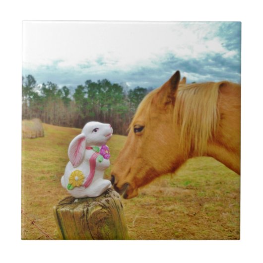 Witte konijn en Gele Paarden Tegeltje (Voorkant)