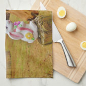 Witte konijn en Gele Paarden Theedoek (Quarter Fold)