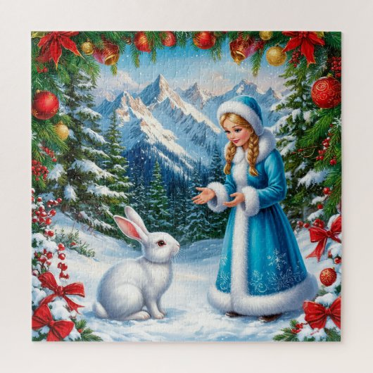 Witte Konijn en Sneeuwmeisje in Winterwoud Legpuzzel (Verticaal)