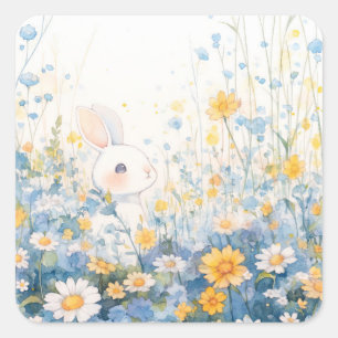 Witte Konijn in Blauw en Geel Tuin met Wilde Bloem Vierkante Sticker