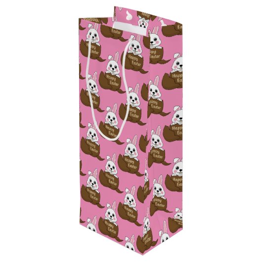 Witte konijn in chocolade ei gelukkig paaspatroon wijn cadeautas (Achterkant Gekanteld)