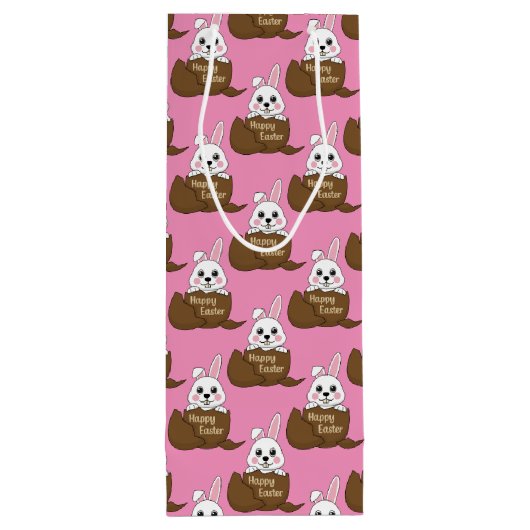 Witte konijn in chocolade ei gelukkig paaspatroon wijn cadeautas (Achterkant)