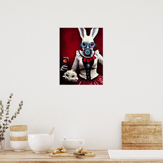 Witte konijn in een gasmasker poster (Keuken)