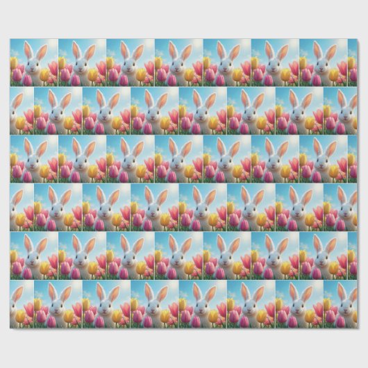 Witte konijn in een tulpentuin cadeaupapier (Vlak)