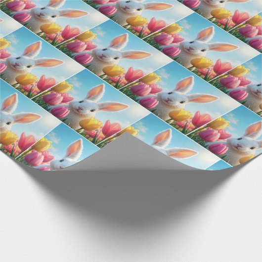 Witte konijn in een tulpentuin cadeaupapier (Hoek)