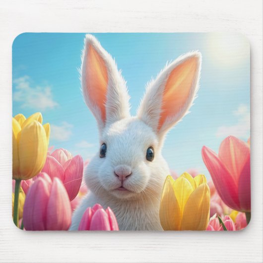 Witte konijn in een tulpentuin muismat (Voorkant)
