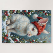 Witte Konijn in Stille Winterbessen Hoed Legpuzzel (Horizontaal)