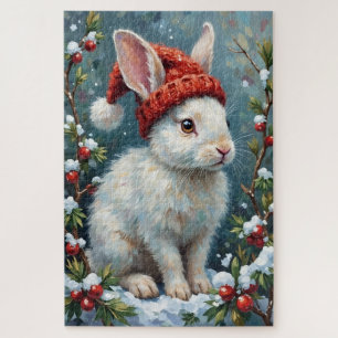 Witte Konijn in Stille Winterbessen Hoed Legpuzzel